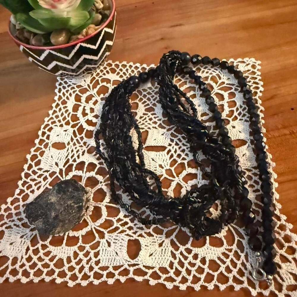 Black Multi-Strand Beaded Necklace, Boho Statement Style, 14"